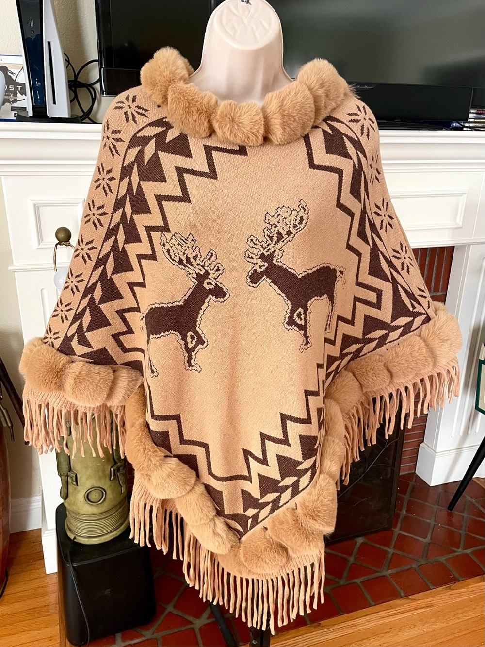 Brown & Tan Moose Faux Fur & Fringe Poncho *Christmas OS
